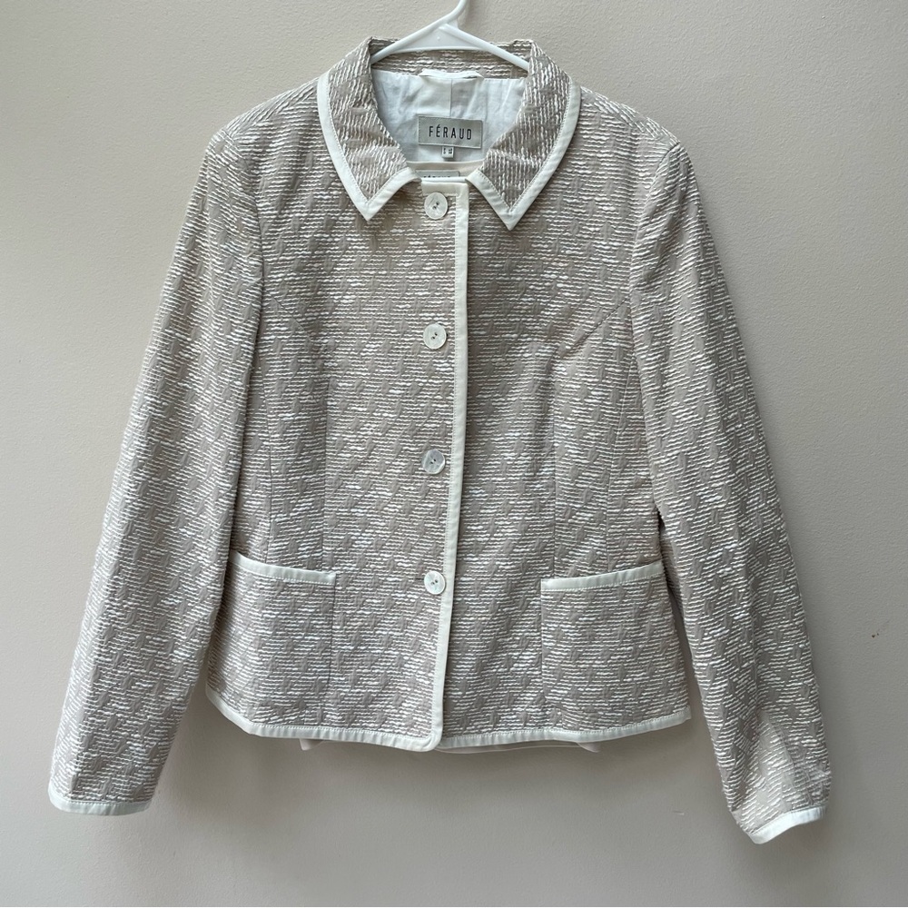 Féraud Cream Cotton Blend Satin Blazer & 100% Silk Sleeveless Top Size 40